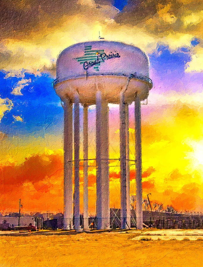 The water tower near State Highway 161 at sunset, Grand Prairie, Texas Digital Art by Nicko Prints