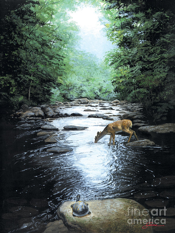 Deer Painting - The Watercooler by Harold Shull Deer Painting - The Watercooler by Harold Shull