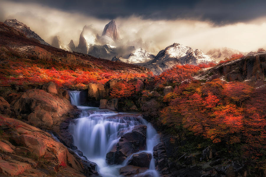 The waterfall under Fitz Roy Photograph by Henry w Liu