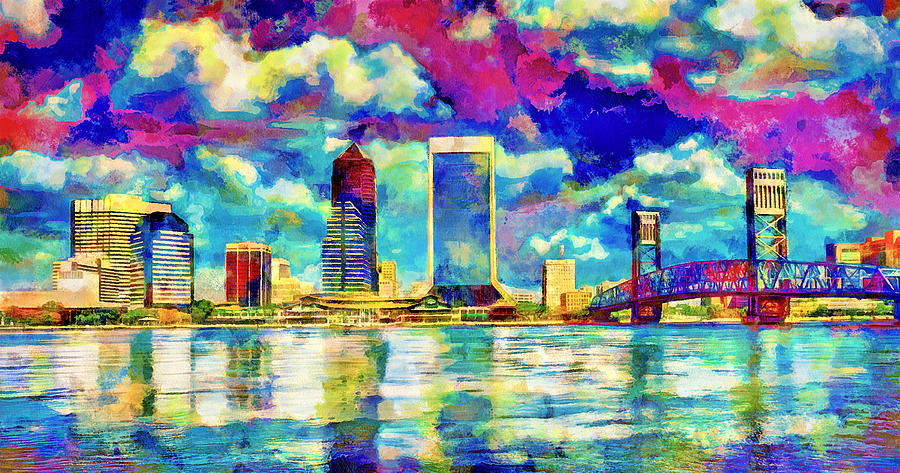 The waterfront of downtown Jacksonville, Florida - colorful painting Digital Art by Nicko Prints