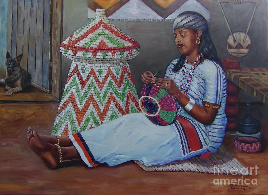 Ethiopian Lady Painting - The weaving lady by Samuel Daffa