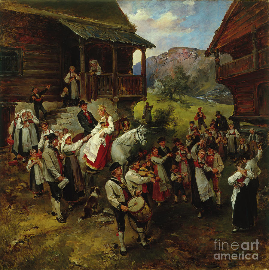 The wedding farm Painting by O Vaering by Nils Bergslien