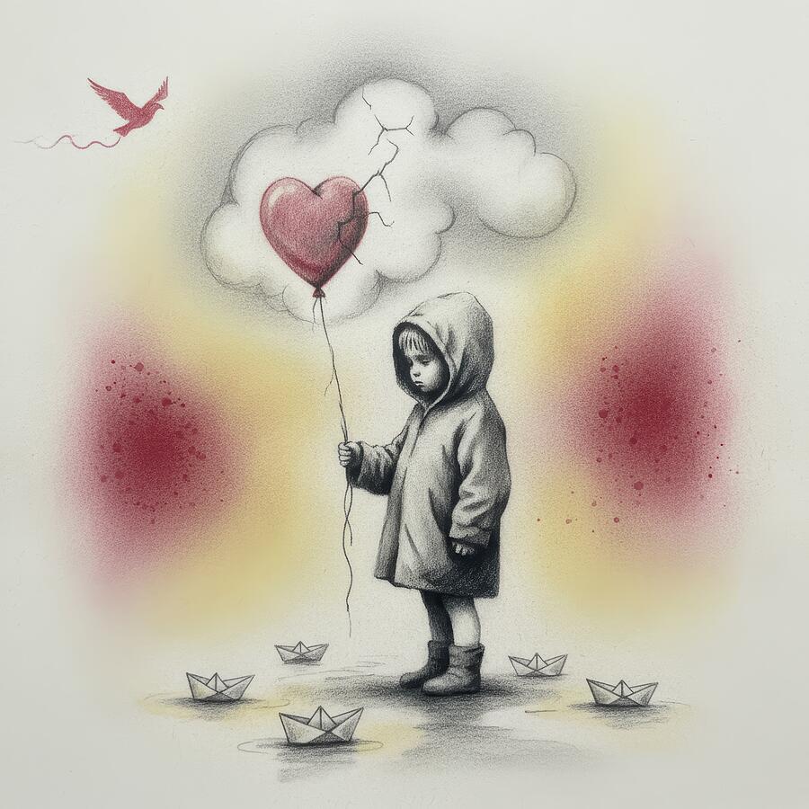 Child with Heart Balloon Digital Art - The Weight of Innocence by Samuel HUYNH