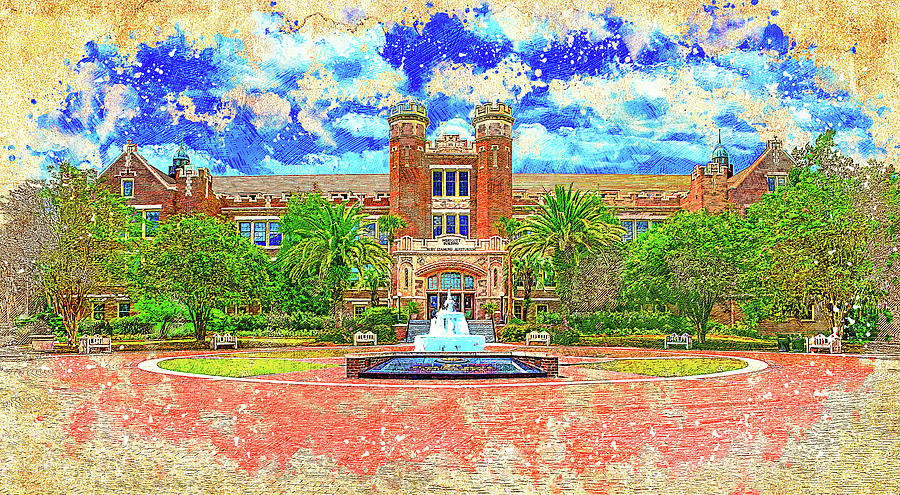The Westcott Building of the Florida State University in Tallahassee - colored drawing Digital Art by Nicko Prints