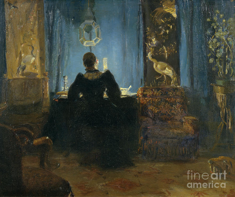 The western living room with blue curtains, 1891 Painting by O Vaering by Anna Ancher