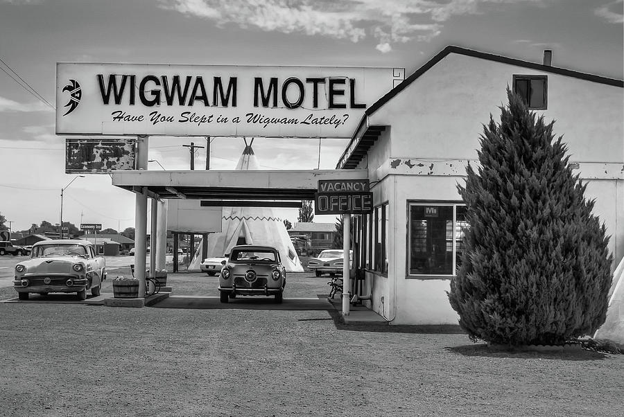 Black And White Photograph - The Wigwam Motel - Historic Route 66 BW - Holbrook Arizona by Gregory Ballos
