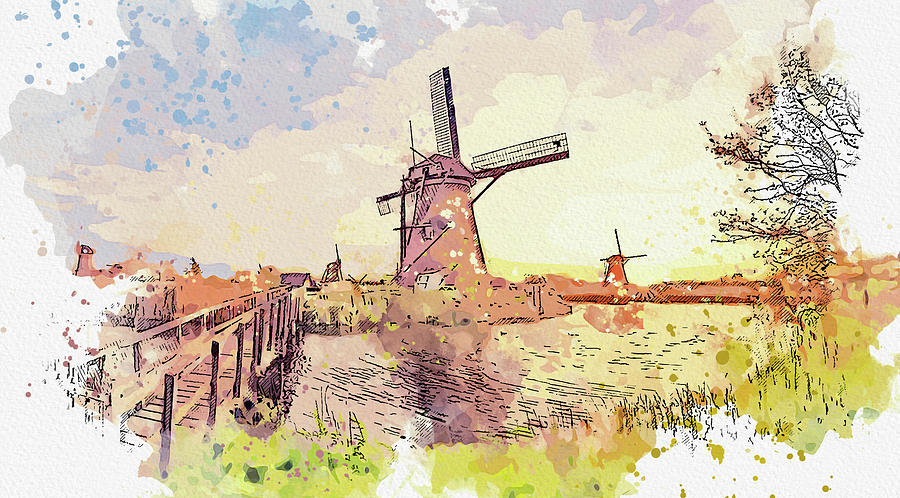 The windmills at Kinderdijk, Netherlands, ca 2021 by Ahmet Asar, Asar Studios Painting by Celestial Images