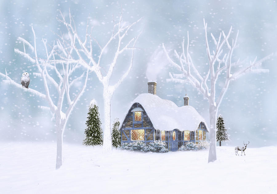 Winter Digital Art - The Winter Cottage by Nina Bradica