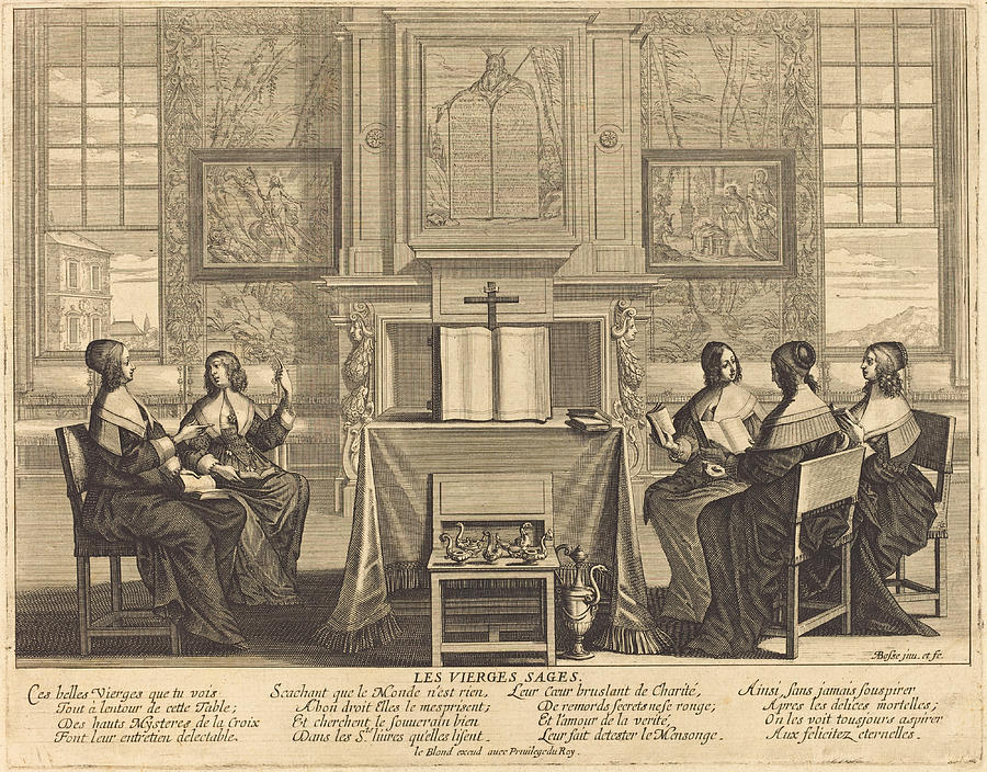 The Wise Virgins at Prayer Drawing by Abraham Bosse