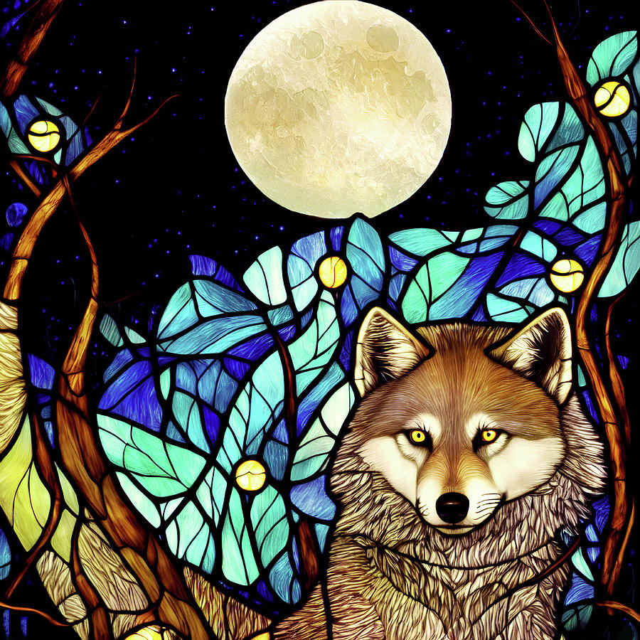 The Wolf and the Moon - Stained Glass Digital Art by Peggy Collins