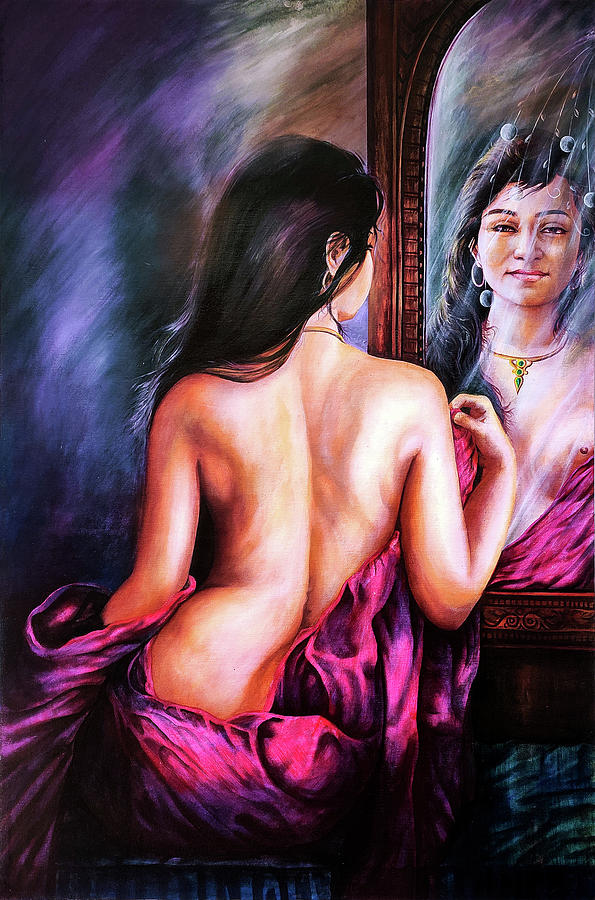 Woman Portrait Painting - The Woman in Mirror by Asp Arts