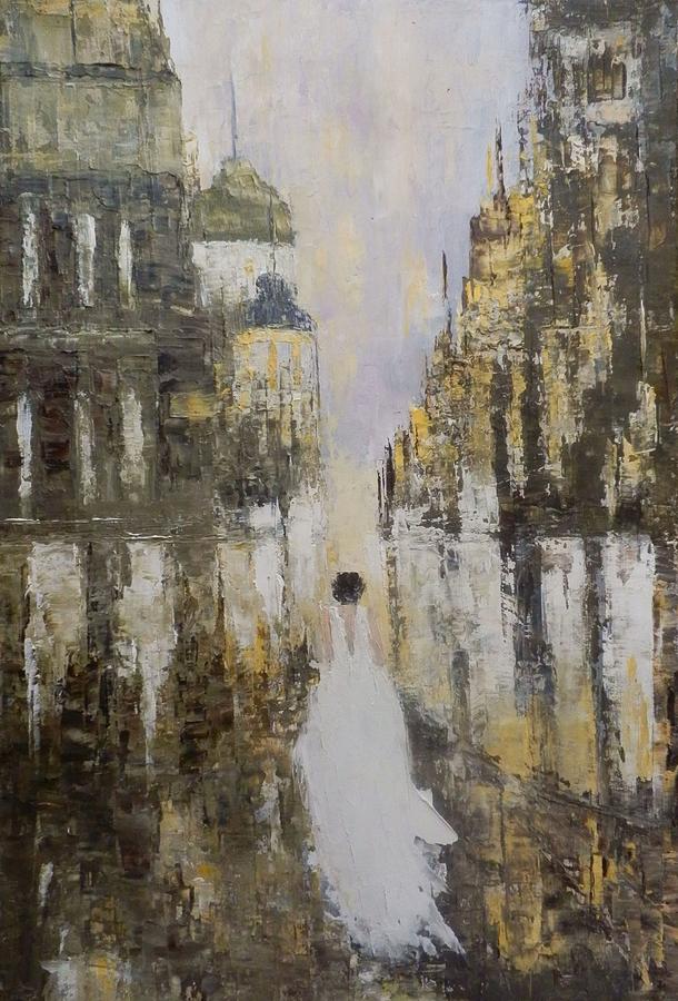 Cityscape Painting - The Woman With White Dress by Maria Karalyos