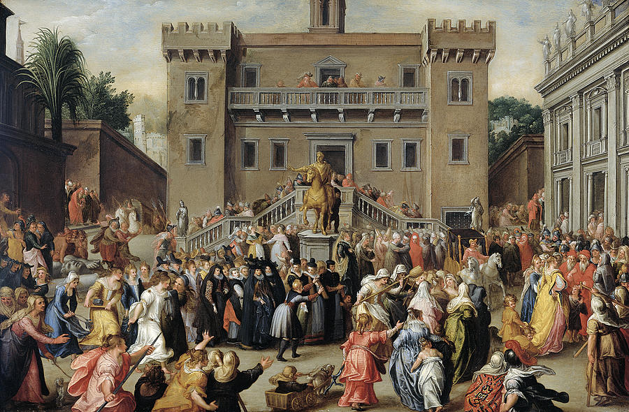 The Women of Rome Gathering at the Capitol Painting by Pieter Isaacsz