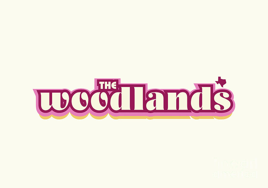 The Woodlands Texas - Retro Name Design, Southeast Texas, Pink, Maroon, Yellow Digital Art by Jan M Stephenson