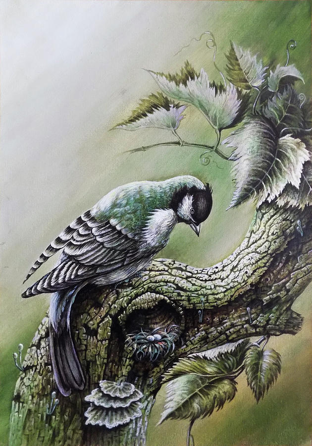 Bird Portrait Painting - The Woodpecker Nest by Asp Arts