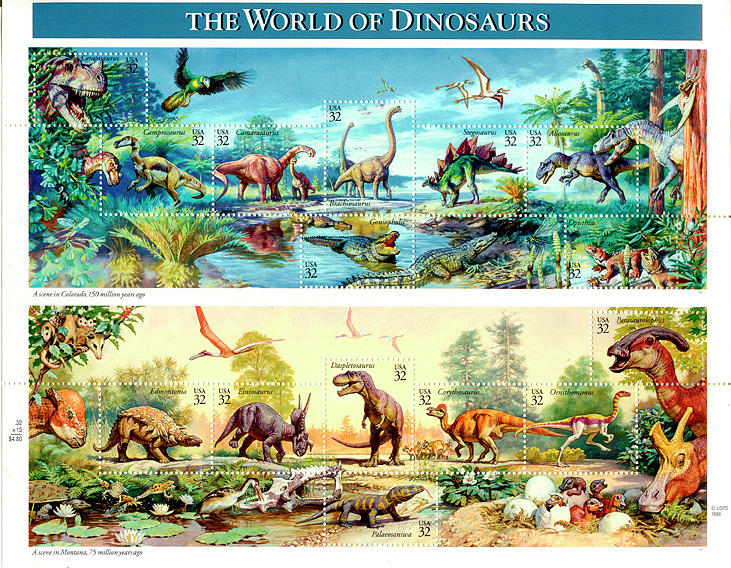 The World of Dinosaurs US Stamps 1996 mint sheet Mixed Media by Everett Spruill
