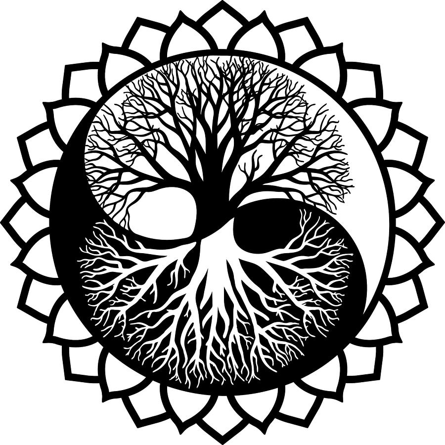 Black And White Digital Art - The World Tree, Tree Of Life In Yin Yang Graphic Style by Mounir Khalfouf