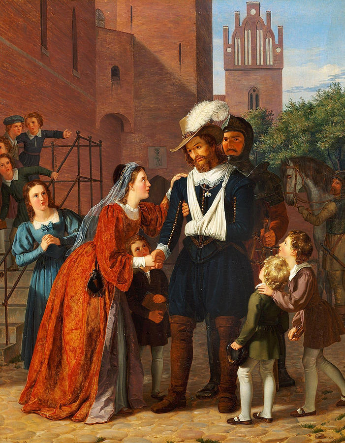 The wounded Herluf Trolle is received by his wife Birgitte Gjoe Painting by Adam August Mueller