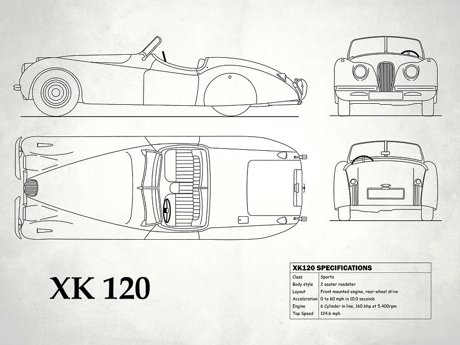 Car Photograph - The XK 120 Blueprint in White by Mark Rogan