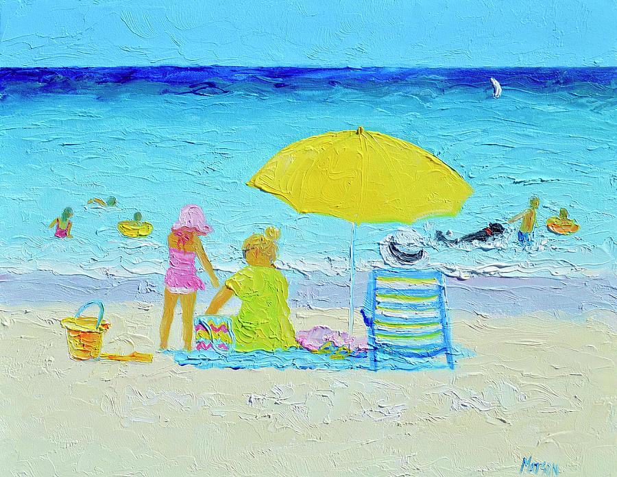 The Yellow Umbrella, beach scene Painting by Jan Matson