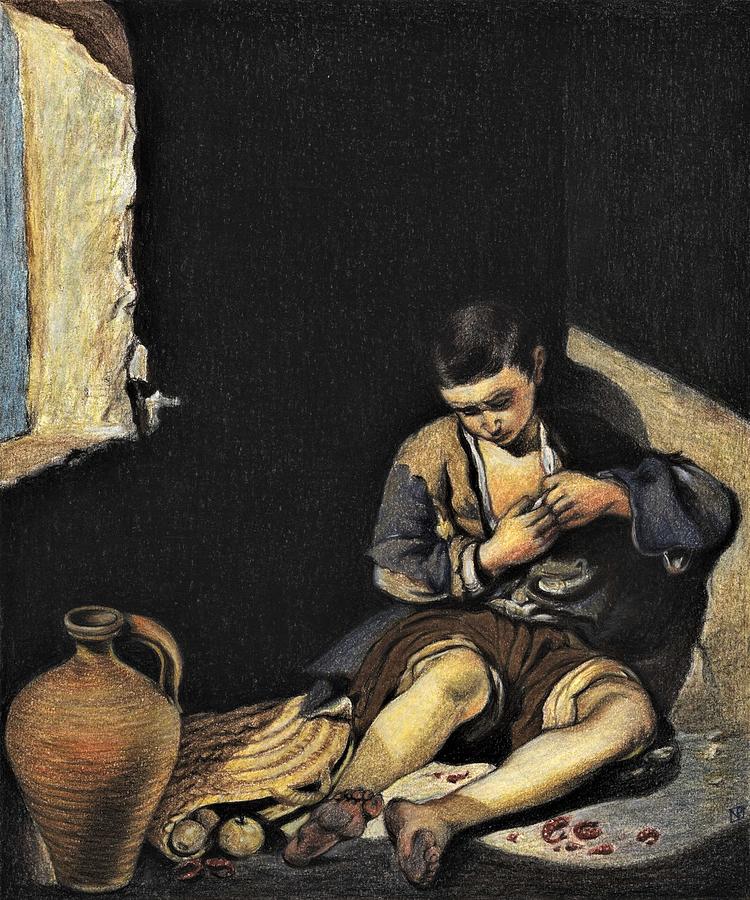 Famous Paintings Drawing - The Young Beggar Study After Bartolome Esteban Murillo by Nives Palmic