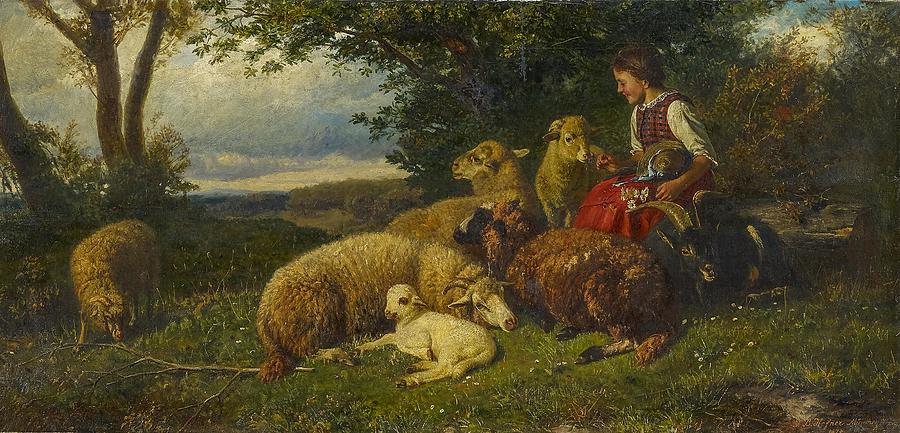 Johann Baptist Hofner Girl Sheep and Lamb  "The Young Shepherdess"