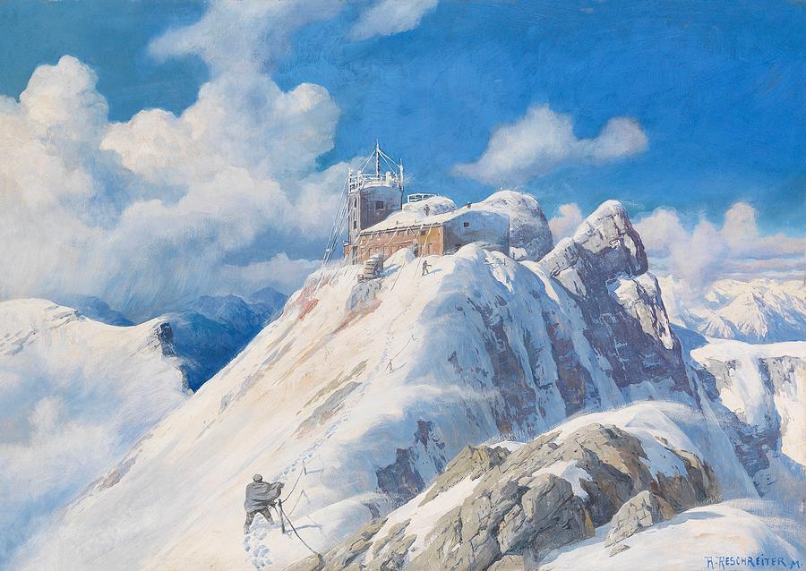 The Zugspitz Summit with Weather Station and Munich House Painting by Rudolph Reschreiter