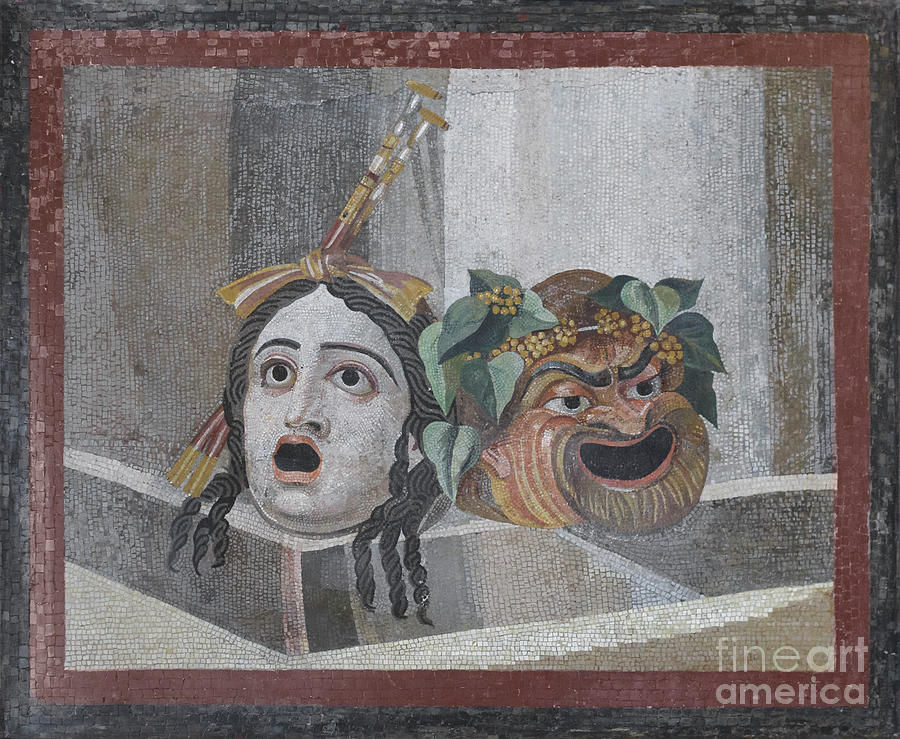 Theatrical masks representing tragedy and comedy depicted on a roman ...