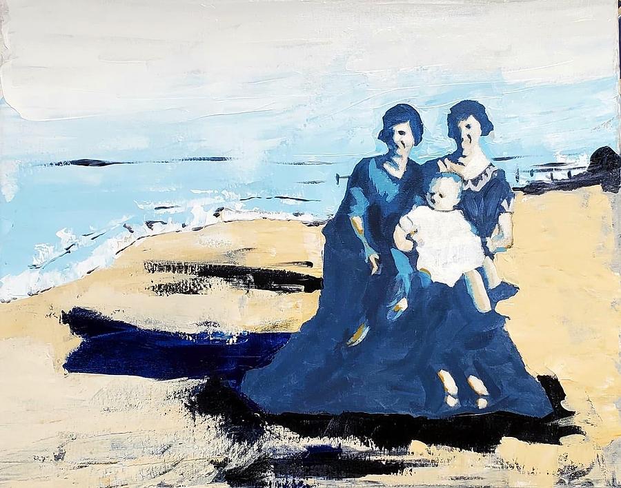 Thelma, Sally Mae, and Baby Georgia at the Beach  Painting by Amy Kuenzie