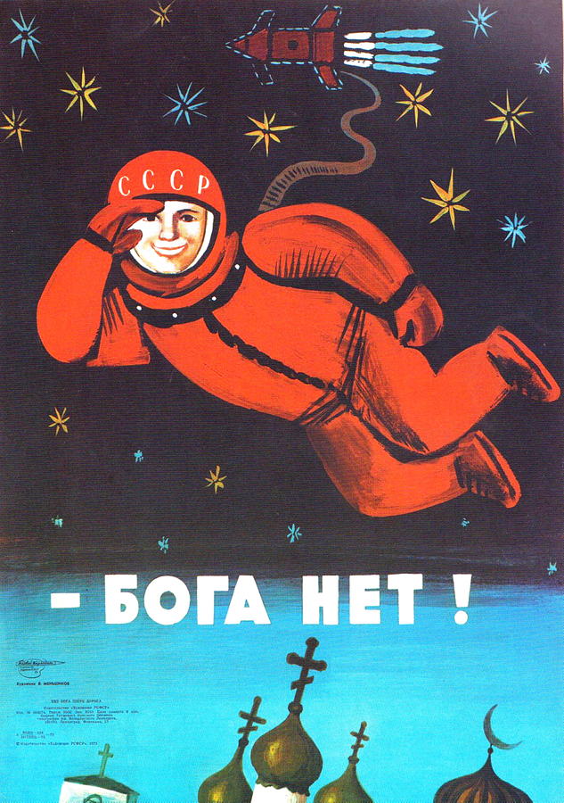 Space Drawing - Theres no god 1960 USSR Anti Religious Propaganda - Cosmonaut Yuri Gagarin In Space by Restored Vintage Shop