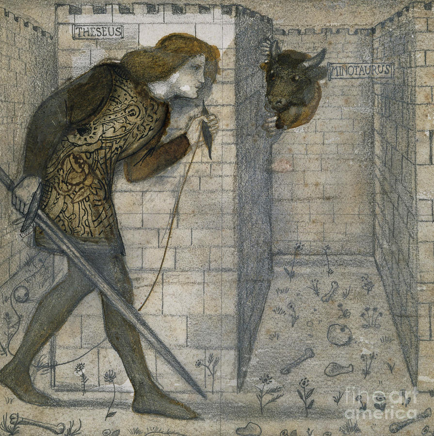 Greek Drawing - Theseus and the Minotaur in the Labyrinth, 1861 by Edward Burne-Jones