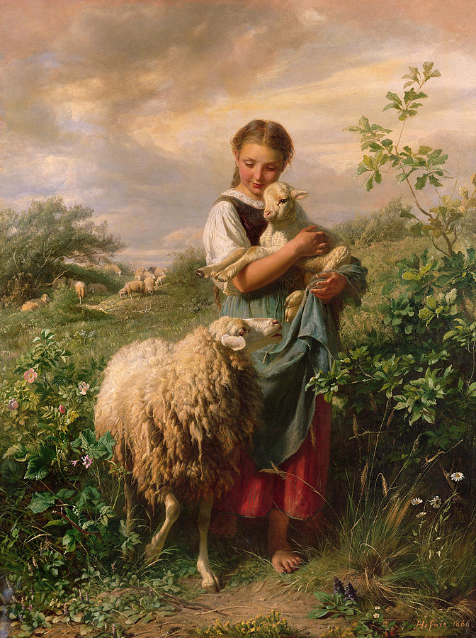 Sheep Painting - The Shepherdess by Johann Baptist Hofner