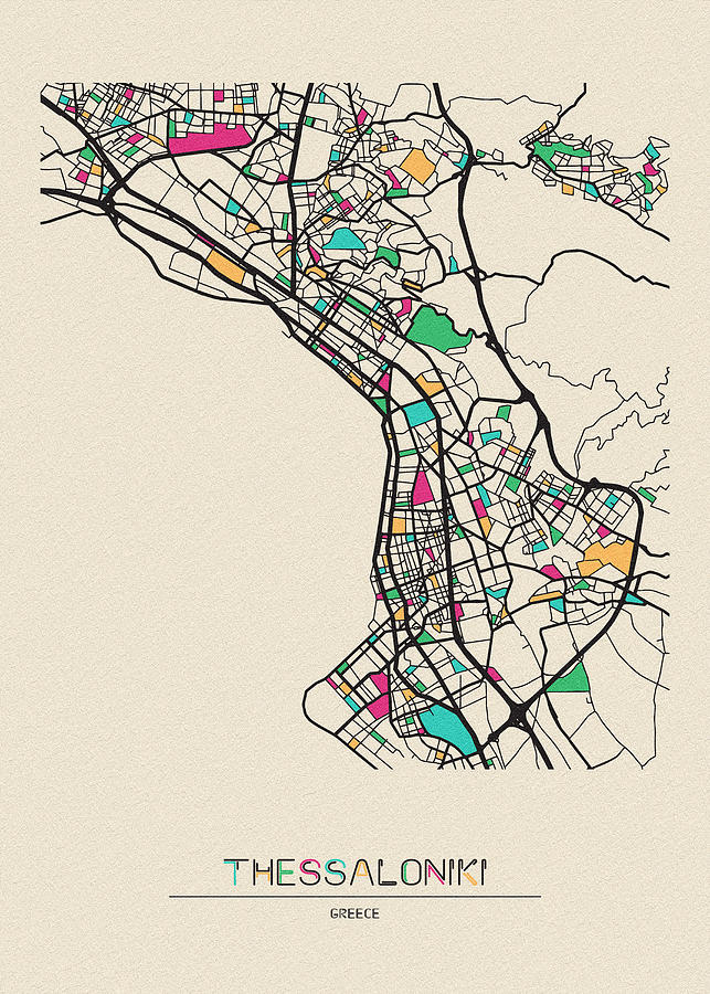 Memento Movie Drawing - Thessaloniki, Greece City Map by Inspirowl Design