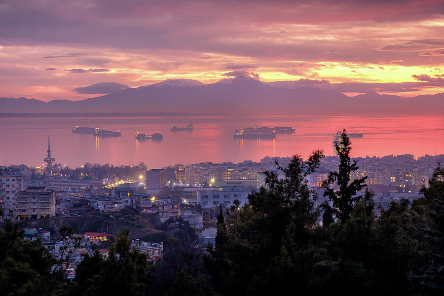 Thessaloniki Skyline and Thermaikos Gulf at Sunset Photograph by Alexios Ntounas