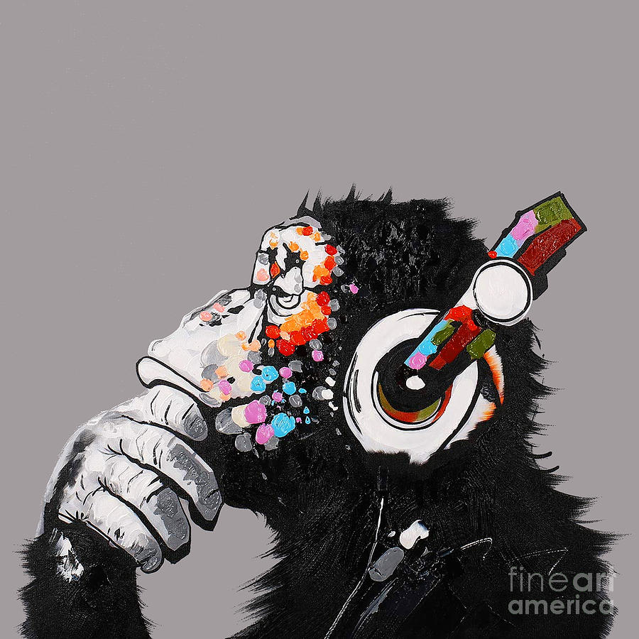 Thinking chimp with headphones  Painting by My Banksy