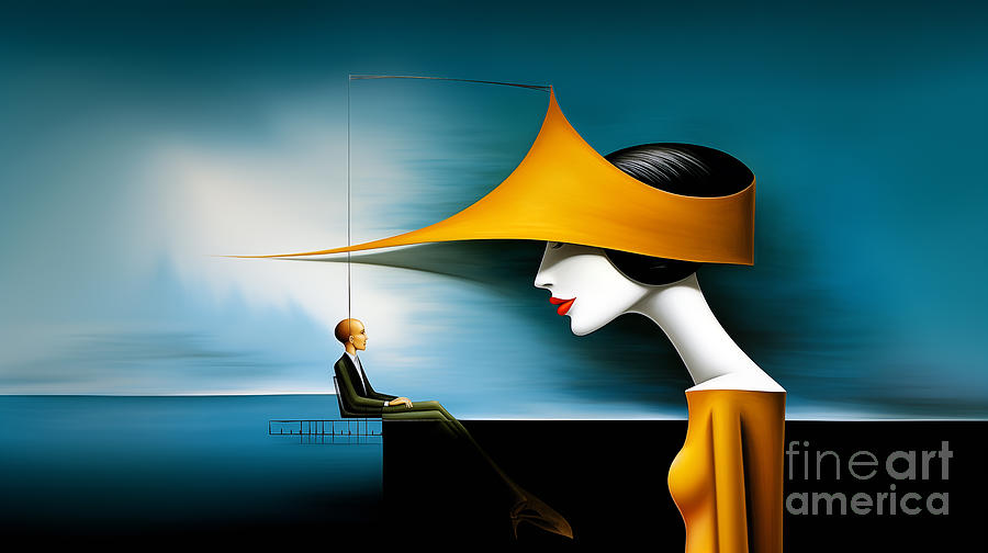 This artwork presents a surreal scene with a large-headed female figure in a yellow garment Digital Art by Odon Czintos
