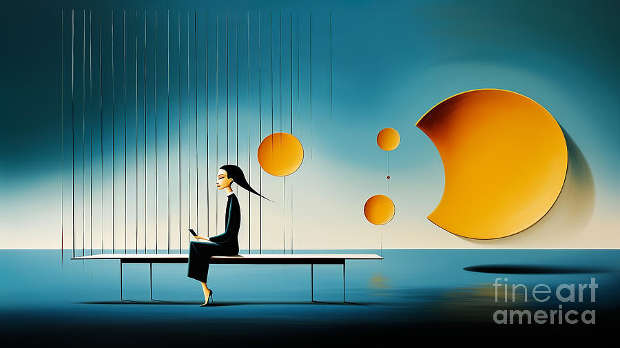 This digital artwork depicts a seated woman in black on a bench with surreal yellow spheres Digital Art by Odon Czintos