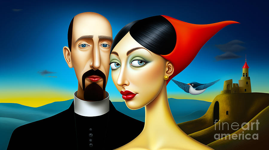 This digital painting features a surreal portrait of a man and woman with stylized features Digital Art by Odon Czintos