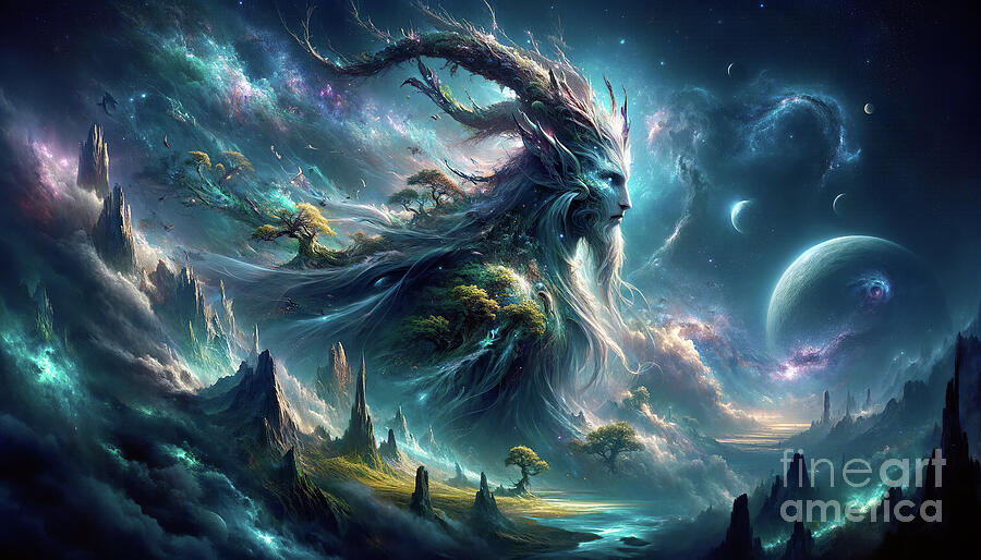 This fantasy digital art piece depicts a celestial being with a landscape Digital Art by Odon Czintos