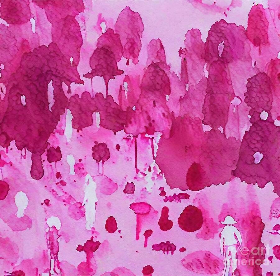 Abstract Painting - This fleeting world Painting intriguing mysterious old times magenta pink small original people cinematic landscape new British art emerging artist decorative abstract abstract illustration abstract by N Akkash