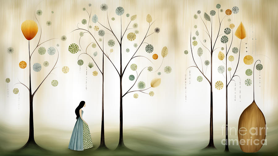 This image features a whimsical art of a woman in a dress among stylized trees Digital Art by Odon Czintos
