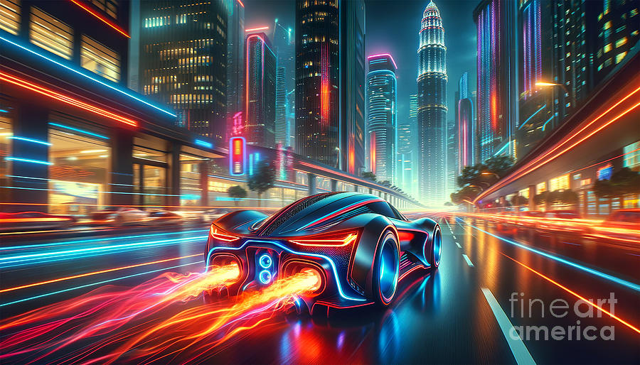 This image portrays a futuristic sports car with flaming exhausts speeding through a vibrant Digital Art by Odon Czintos