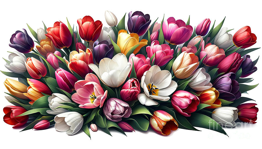 This image portrays a lush bouquet of tulips in full bloom. Digital Art by Odon Czintos