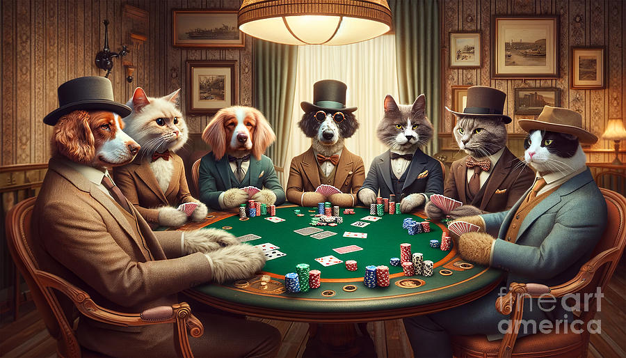 This image portrays anthropomorphized dogs and cats dressed in vintage clothing. Digital Art by Odon Czintos