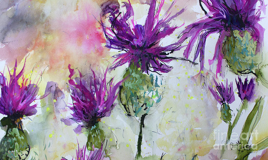 Thistle Concerto Watercolors and ink Art Painting by Ginette Callaway
