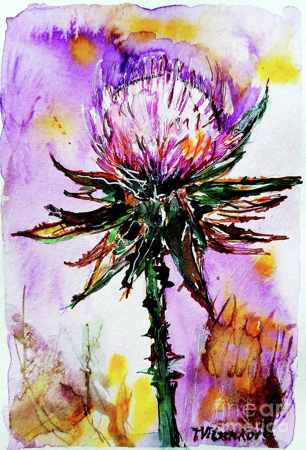 Thistle Painting - Thistle. Wildflower with colors of eggplant and gold petals  by Tamara Vitsenkova