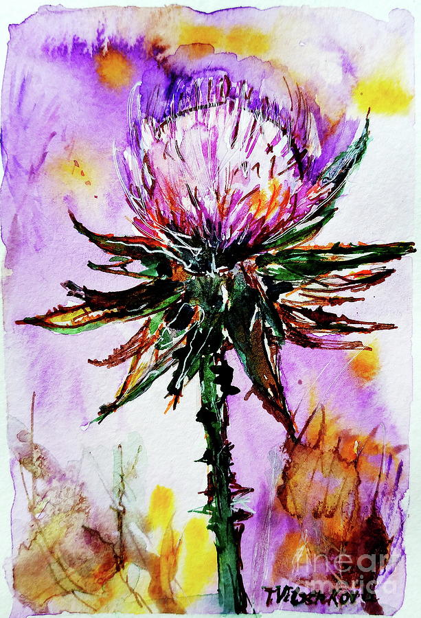 Thistle Painting - Thistle. Wildflower with colors of eggplant and gold petals by Tamara Vitsenkova Thistle Painting - Thistle. Wildflower with colors of eggplant and gold petals by Tamara Vitsenkova