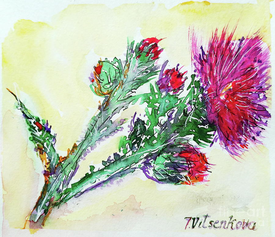 Wildflower Painting - Thistle. Wildflower with petals of colors amber and purple  by Tamara Vitsenkova