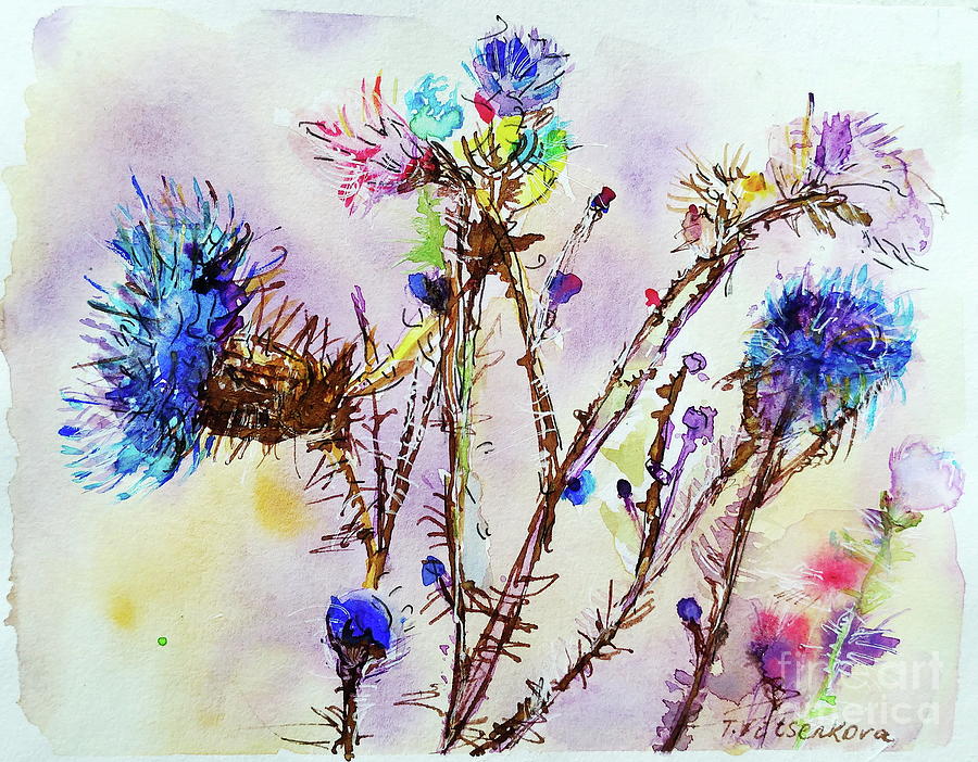 Landscape Painting - Thistle. Wildflower with raisins, figs and blue sea colors by Tamara Vitsenkova