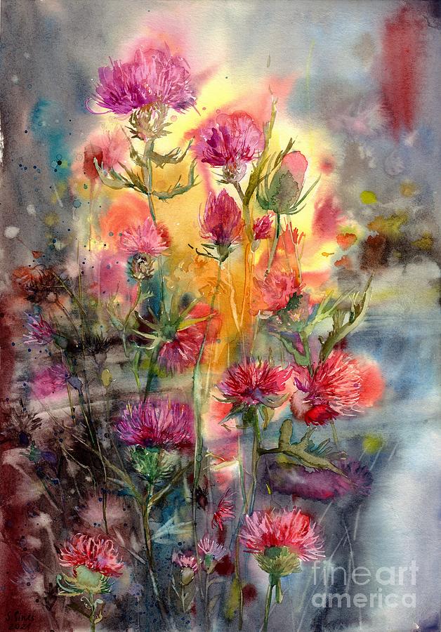 Flower Painting - Thistles At Dawn by Suzann Sines